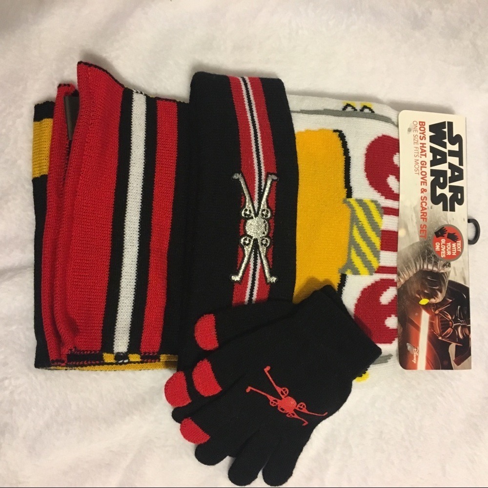 Star Wars Hat Glove Scarf Set Boys One Size Black Red NEW Rebel Alliance X-Wing